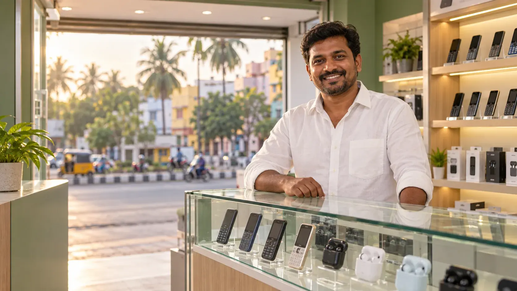 Mobile shop owner behind a glass counter of feature phones and earbuds in Chennai
