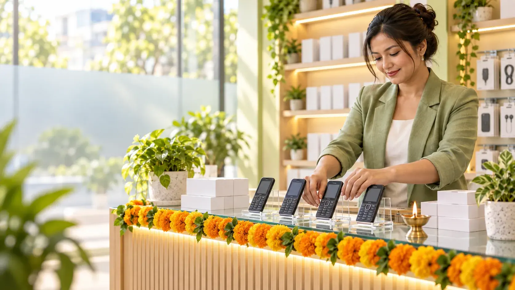 Shop owner arranging feature phones on a counter decorated with marigolds and a diya